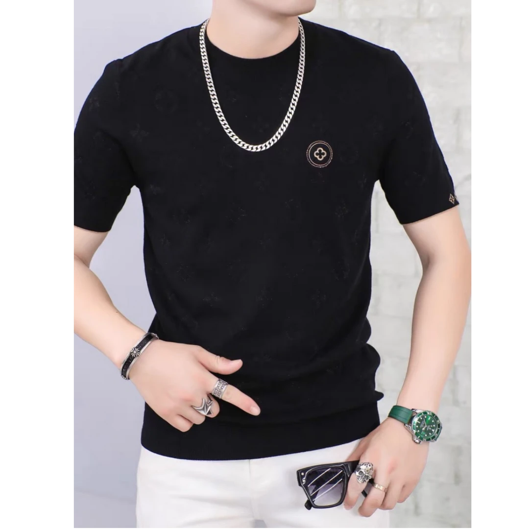 奇珀菲仑时尚短袖毛衣男秋季新款潮牌字母提花修身圆领针织打底衫