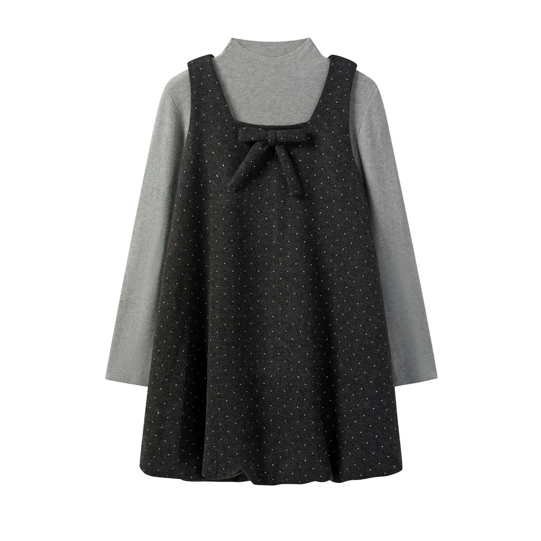羊城故事-灰色波点蝴蝶结连衣裙女冬季新款甜美感9811狂欢季好物