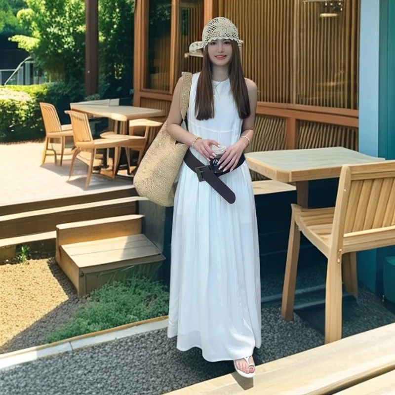 VOCKOO官方春夏新款韩版时尚气质无袖背心裙腰带收腰连衣裙法式长