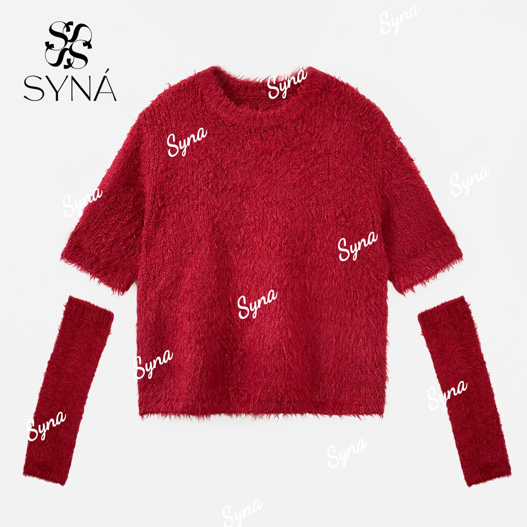 syna希娜『绯红』100桑蚕丝拉毛小心机针织衫