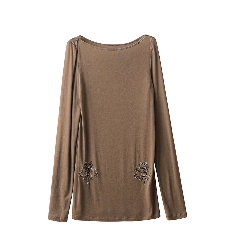 ICE  25春夏新款花卉钉珠斜肩长袖T恤百搭复古女士