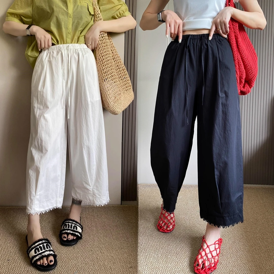 蕾丝花边阔腿休闲裤女2025夏季薄款梨形身材宽松显瘦九分直筒裤子