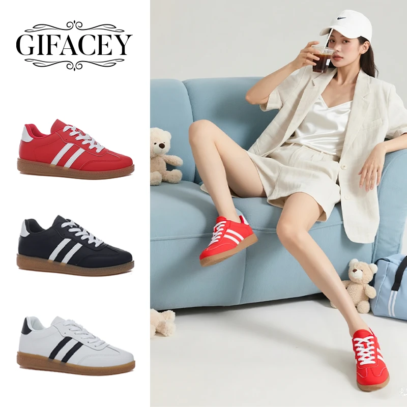 GIFACEY休闲百搭明星同款舒适女鞋修身显腿长复古皮女款德训鞋