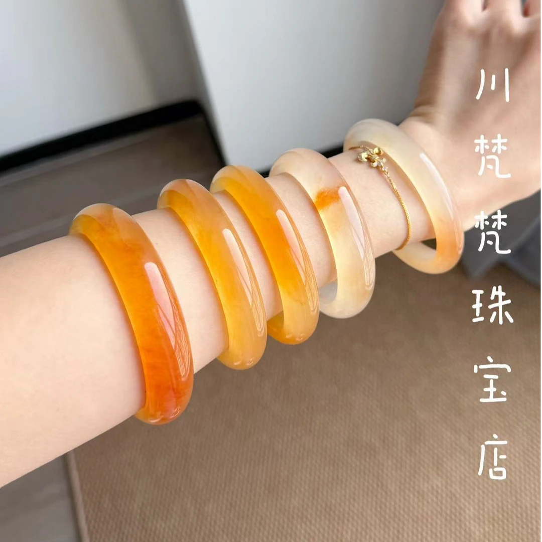 天然锦鲤色手镯新中式天然石英岩玉手镯半山半水少女镯正圈送礼物