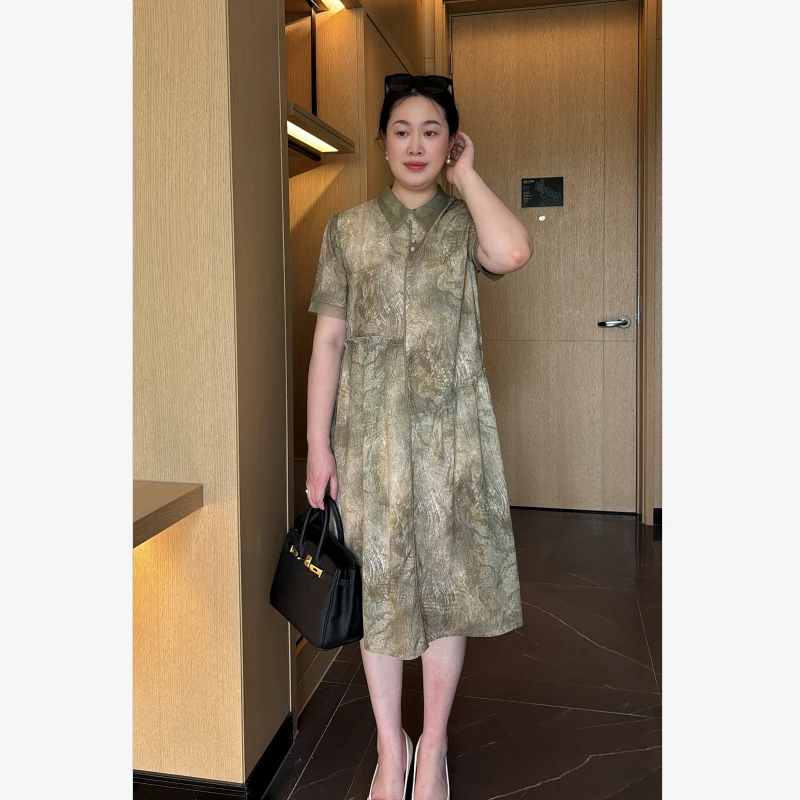 高档国风印花娃娃领短袖连衣裙女士妈妈装洋气减龄别致中长款裙子