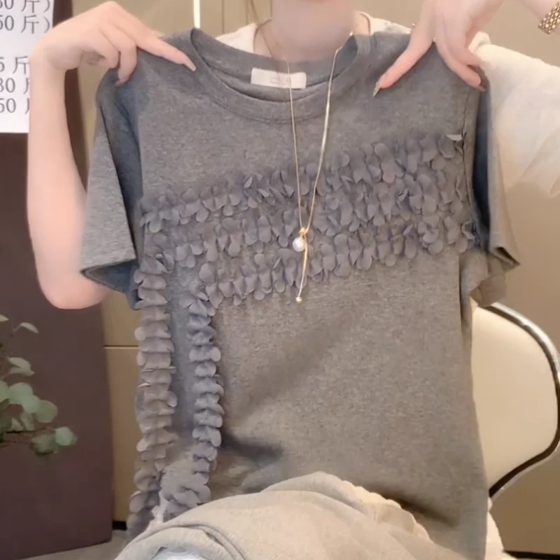 2025夏季新款女装圆领拼接木耳边宽松百搭短袖T恤LK2503343