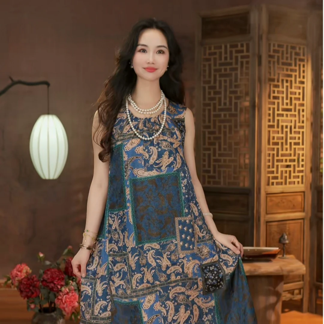 【东方婵韵】时尚夏季宽松无袖圆领桑蚕丝连衣裙DFCY355193