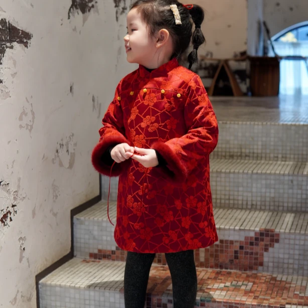 喜梅连枝新款女童新中式年服连衣裙儿童夹棉长袖年服连衣裙5838