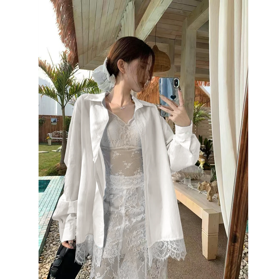 【冰岛慕斯】超绝蕾丝下摆蓝色衬衫显瘦衬衣百搭时尚长袖气质设计感