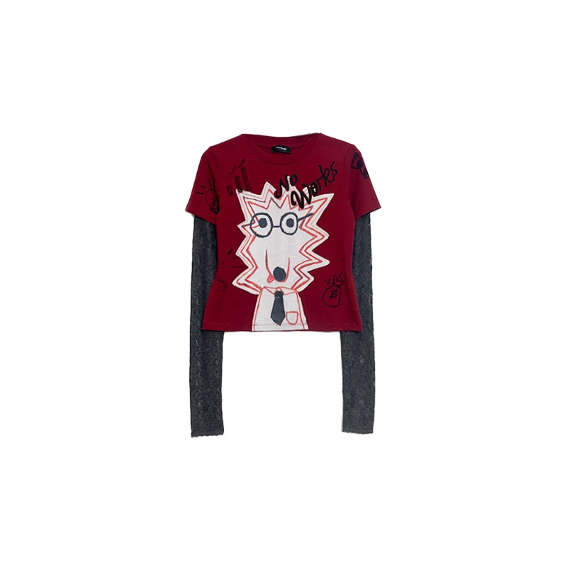 南油小众设计师新品红眼镜卡通拼接假两件