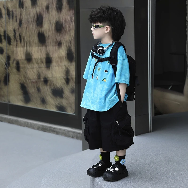 清仓男童夏季新款套装儿童休闲宽松扎染水果印花短袖工