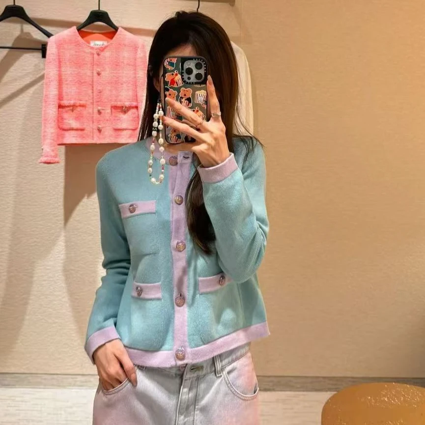 99新 Chanel/香奈儿 24C彩虹钻扣四口袋羊绒开衫34码