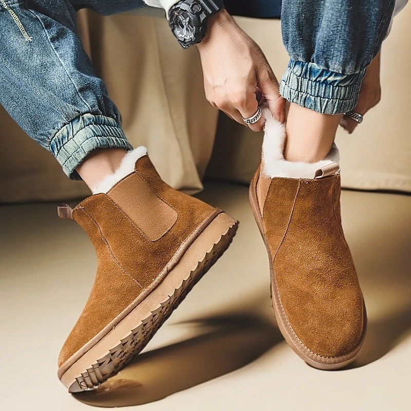 皮毛一体雪地靴男女情侣款切尔西靴防滑加绒短靴平底中帮雪地棉靴