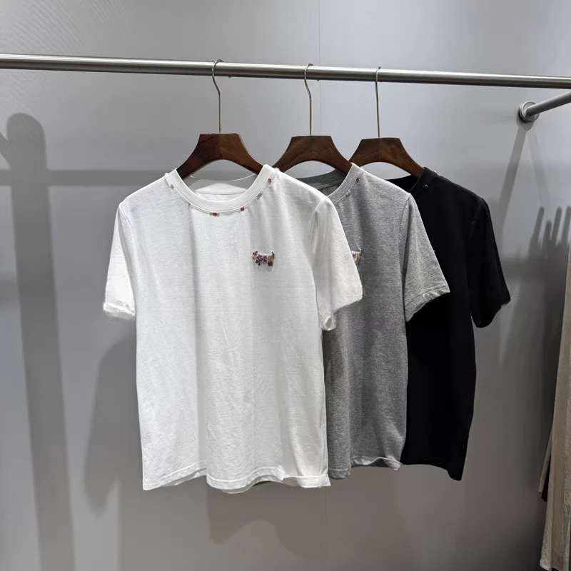 283010设计师款领口钉珠圆领腊肠狗休闲短袖T恤