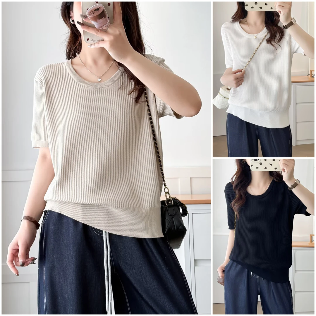 YANUJIAO/雅奴嬌大码胖mm夏季短袖休闲U领冰丝针织衫减龄气质上衣