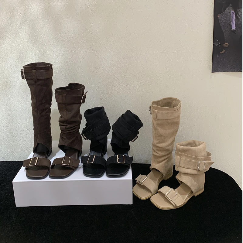 2025新款夏季长筒堆堆多种穿法方头一字扣带绒面内增高透气凉靴女