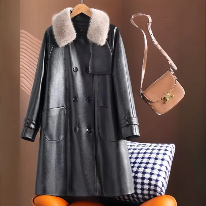 （白鸭绒）海宁真皮羽绒服女宽松显瘦绵羊皮带毛领皮外套 ML-268#