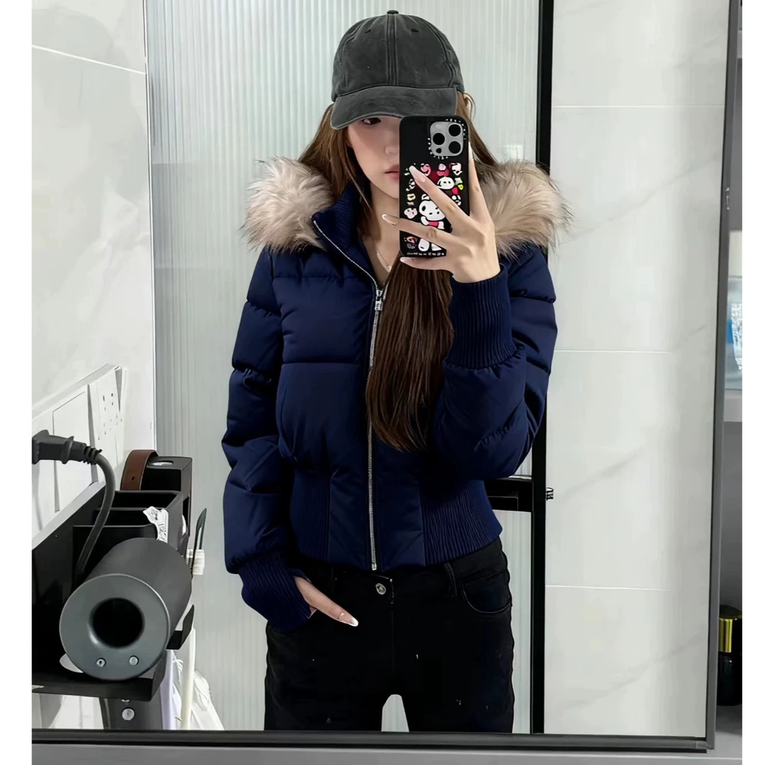 时尚美式辣妹毛领羽绒棉服2025冬季新款修身短款棉袄外套学生棉衣
