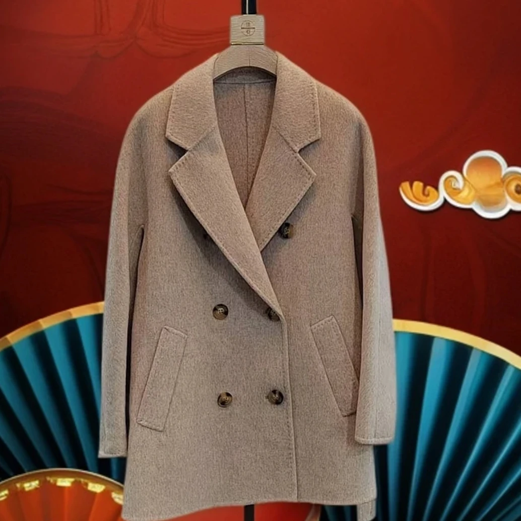 秋冬双排扣短款双面呢大衣女时尚百搭高端小个子毛呢外套-24303