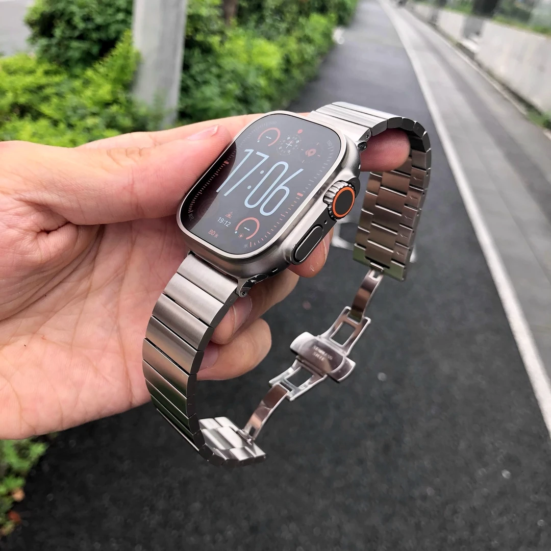 卡客风暴 一珠简约适用苹果iwatch表带s10蝴蝶扣987金属钢带男夏