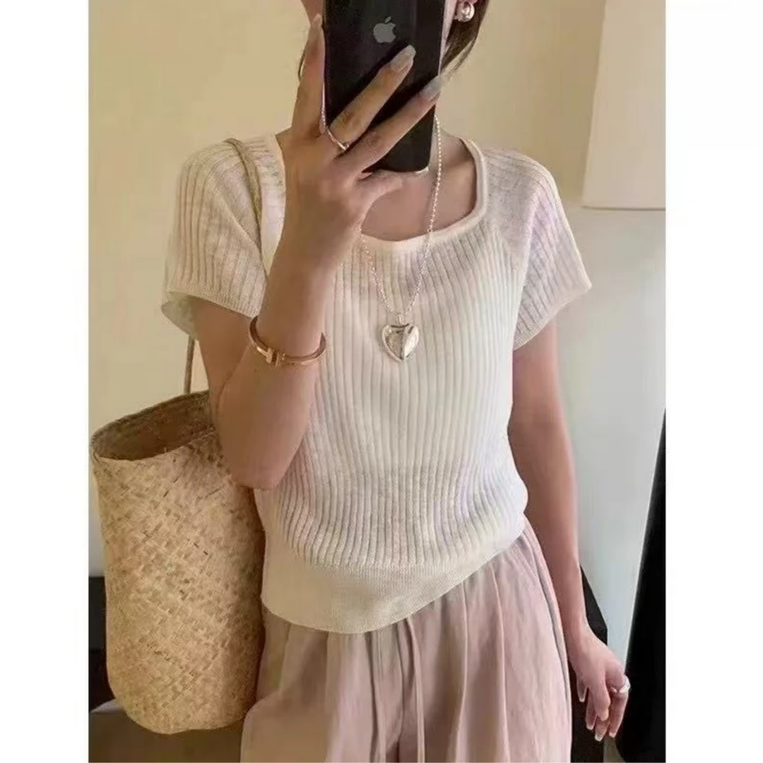 （柚子同款）YQ夏款显瘦后漏洞竹节麻方领冰丝针织T恤759