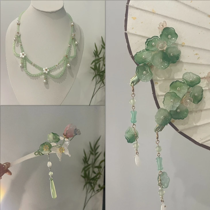 【今日新品】古风百搭荷叶小清新发簪项链对夹古装琉璃头饰璎珞