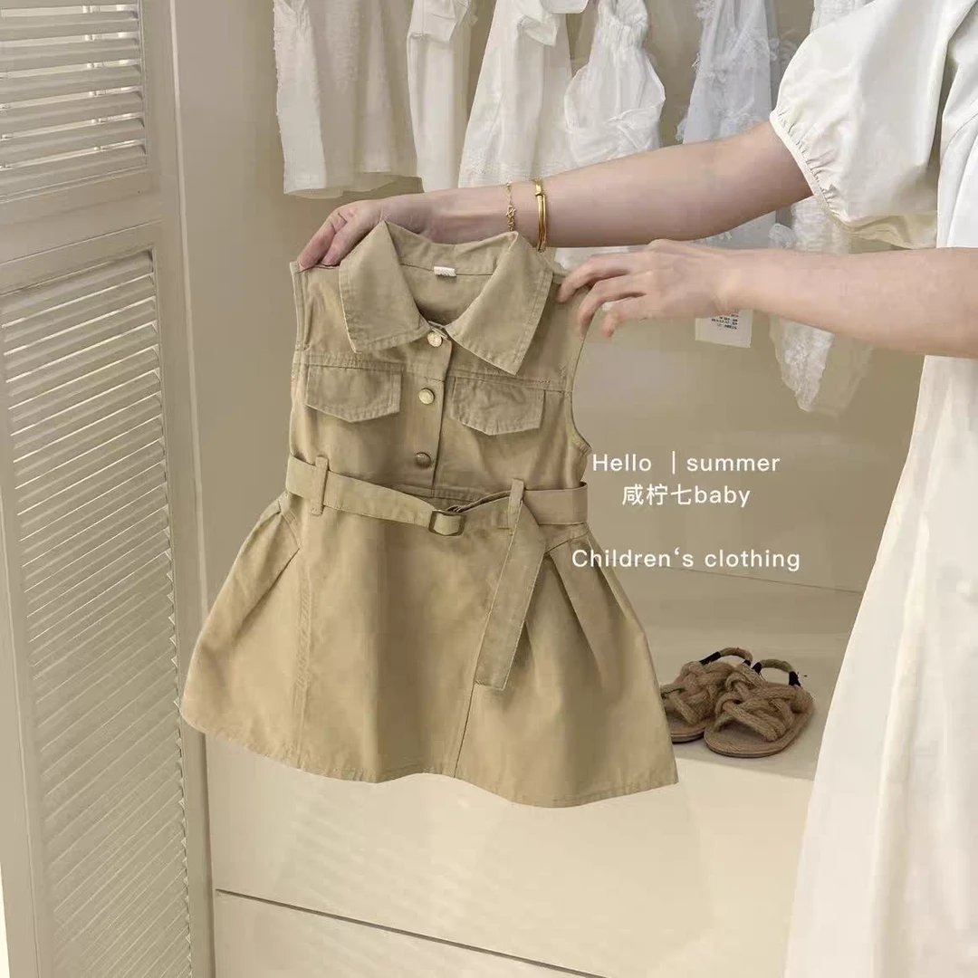 【场仔】韩系夏季新款女童无袖连衣裙宝宝时尚设计工装背心裙55228