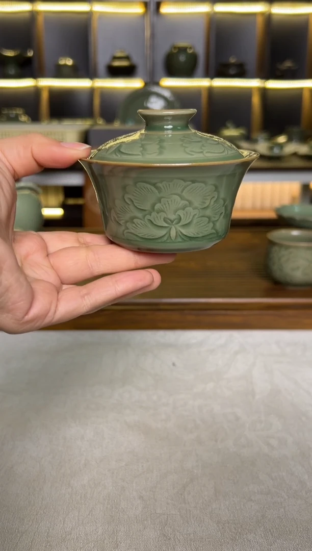 其他耀州窑纯手工秘色马蹄两财盖碗微瑕特价
