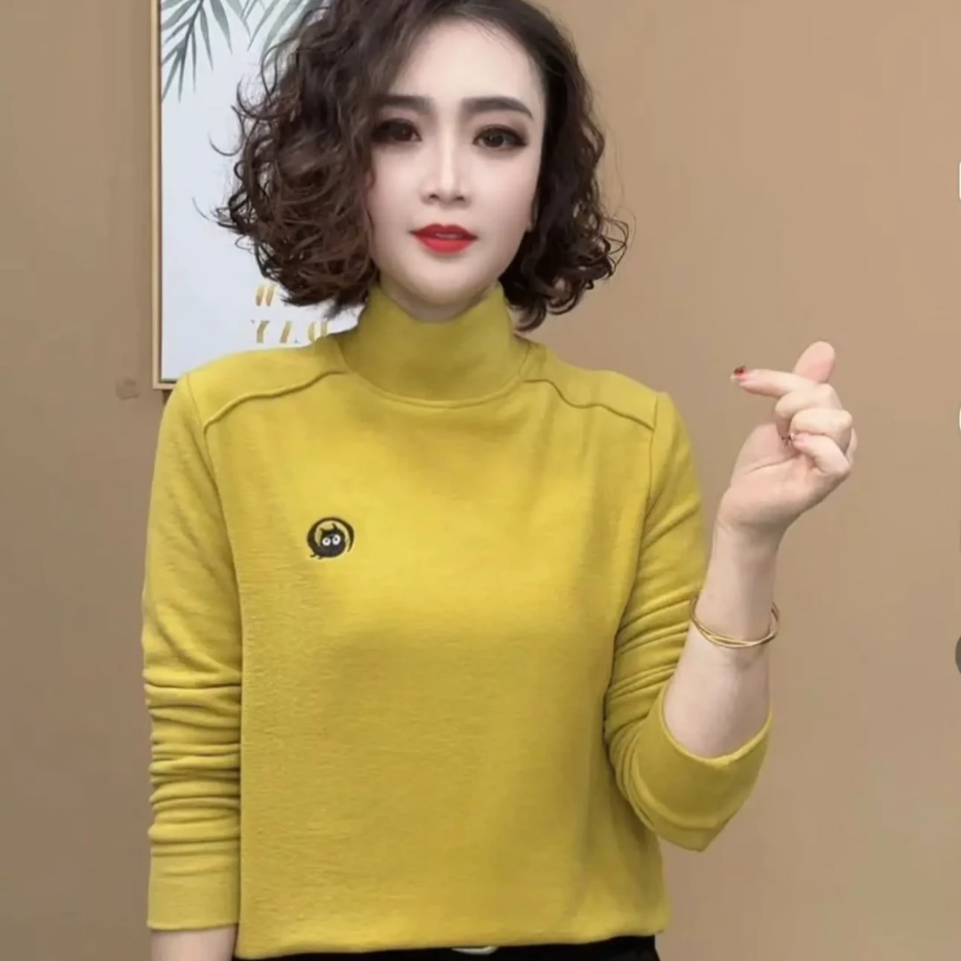 2025春秋半高领拼接气质显瘦百搭新款时尚长袖印花精致洋气打底