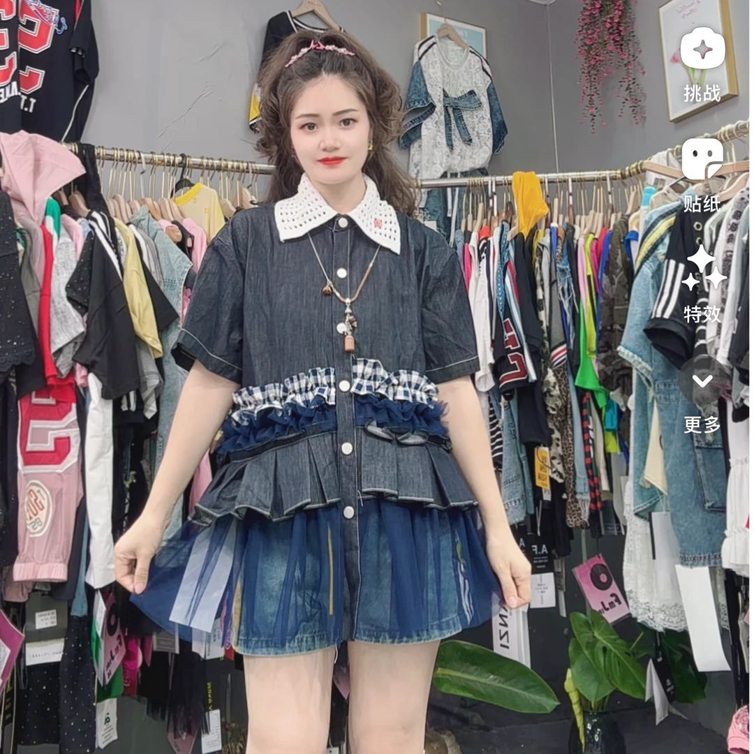 LY家232#水 POLO领牛仔网纱拼接百搭宽松T恤