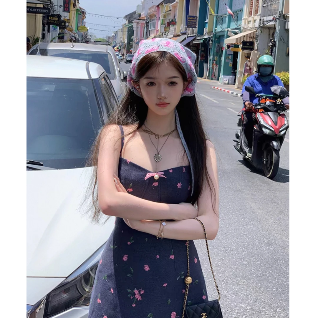 大码春季法式收腰碎花牛仔吊带连衣裙高腰a字气质裙子10956