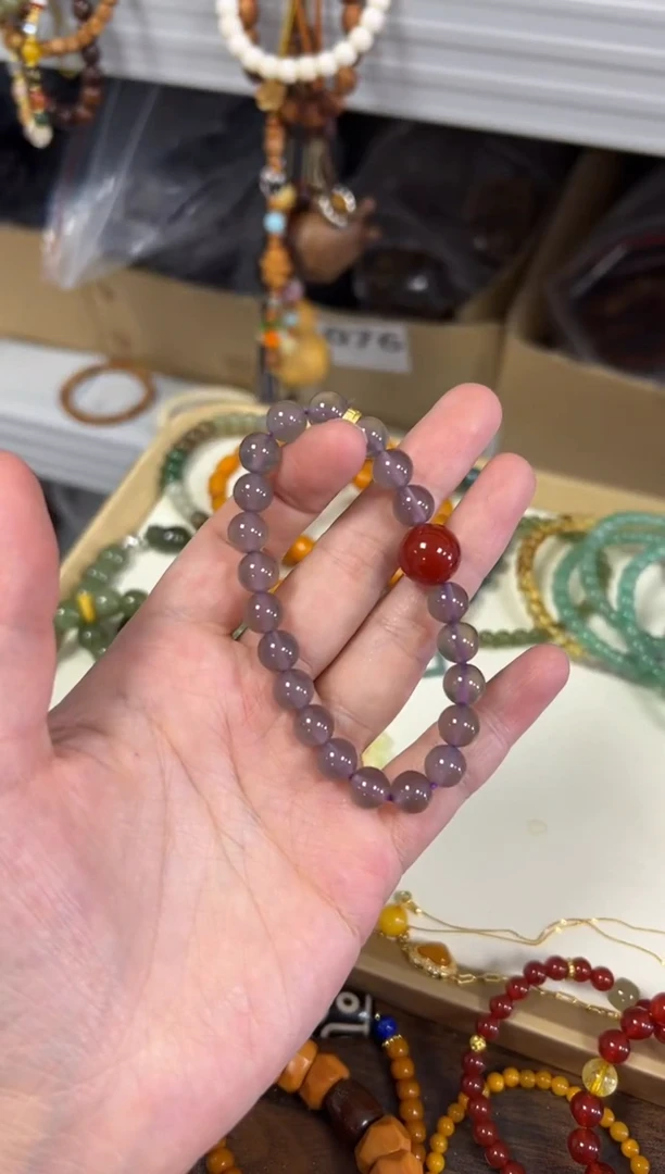 玛瑙/玉髓手链未镶嵌冰烟紫玛瑙红大顶珠手串[0108]