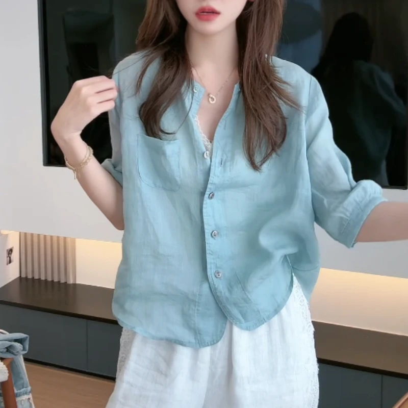 2025春夏薄款洋气时尚百搭上衣休闲通勤宽松彩色扣简约中袖衬衫女