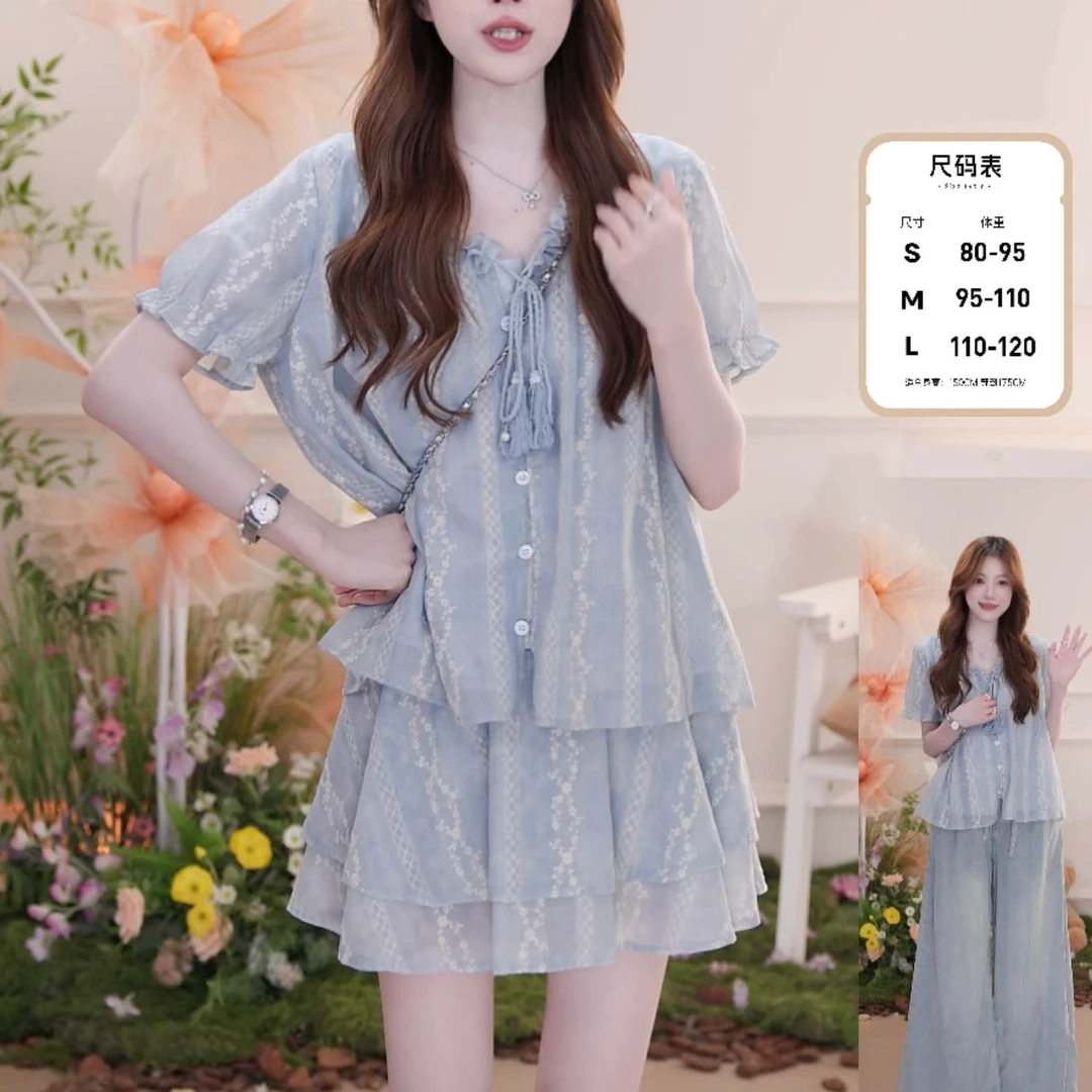 夏季新款V领法式复古港风学院休闲风时尚套装裙子泡泡袖半裙气质