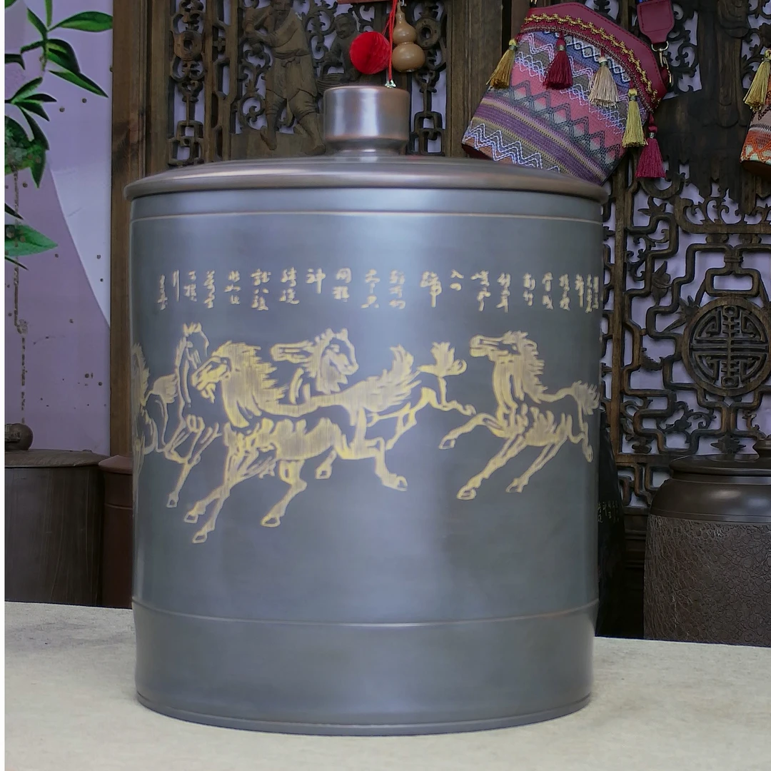 【八骏图4斤装】钦州坭兴陶茶叶罐储茶密封罐存茶醒茶罐茶叶储存罐