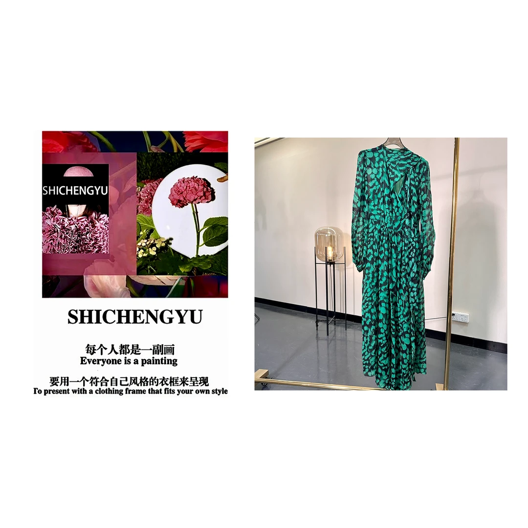 时尚设计款绿色印花女士长袖连衣裙