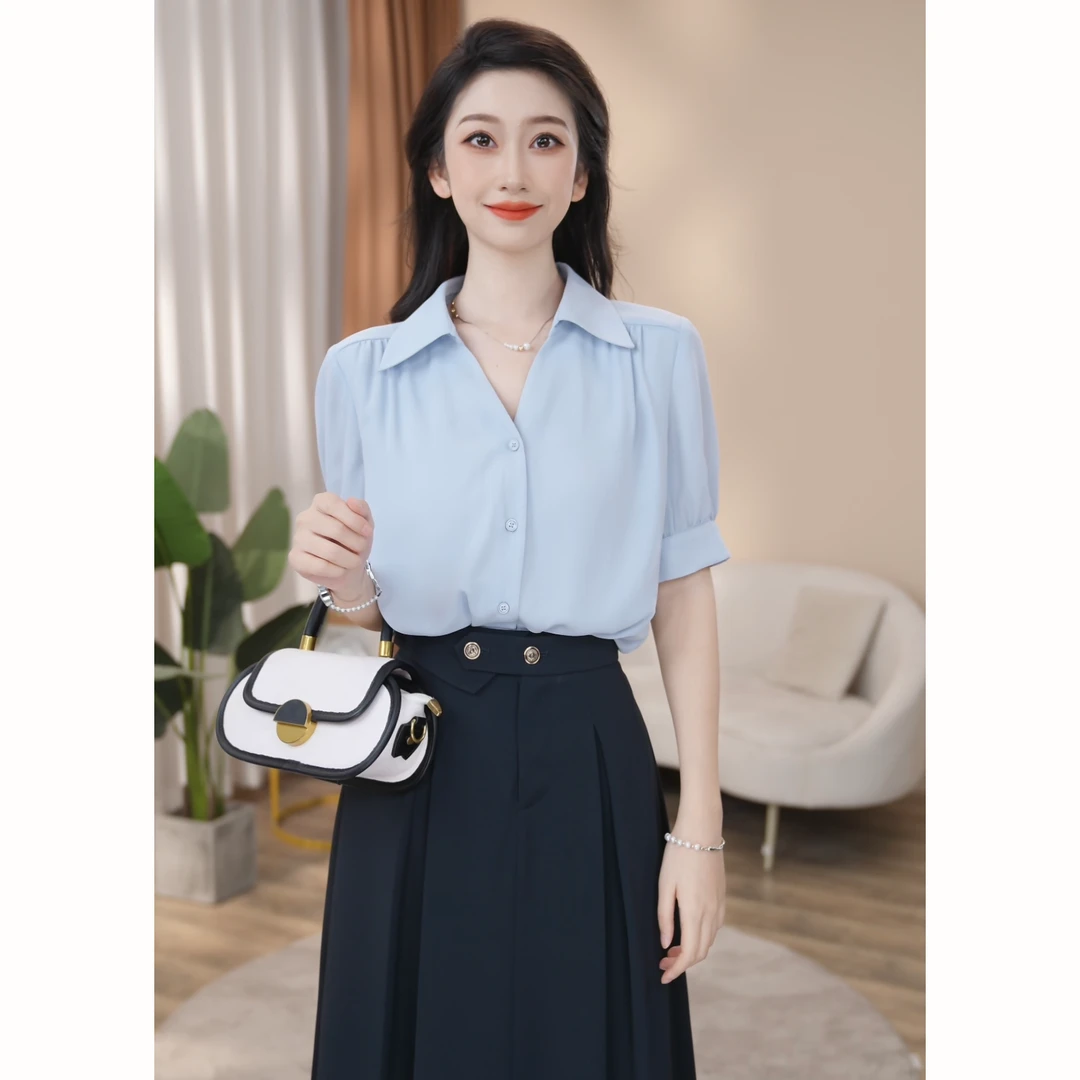 【曼贝】定制新款短袖衬衫女宽松设计感气质百搭显瘦8592802【冰冰】