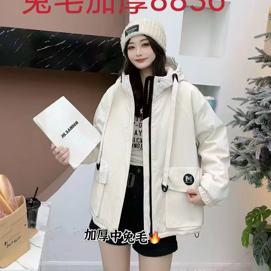 8836衣长65加绒加厚连帽派克服女2024冬季宽松显瘦冲锋衣拉链外套