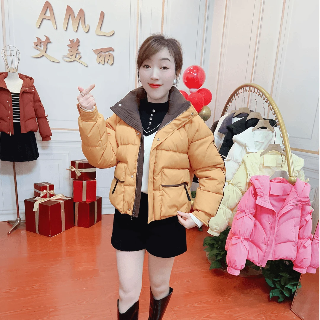 时尚撞色拼接短款棉服女2024冬季新款小个子宽松显瘦保暖棉衣外套
