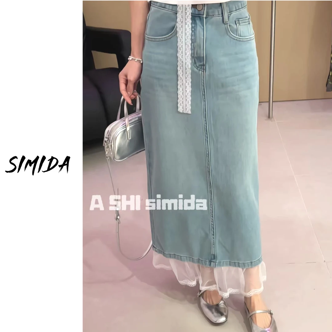 SIMIDA诗觅   韩系下摆拼接蕾丝牛仔半身裙