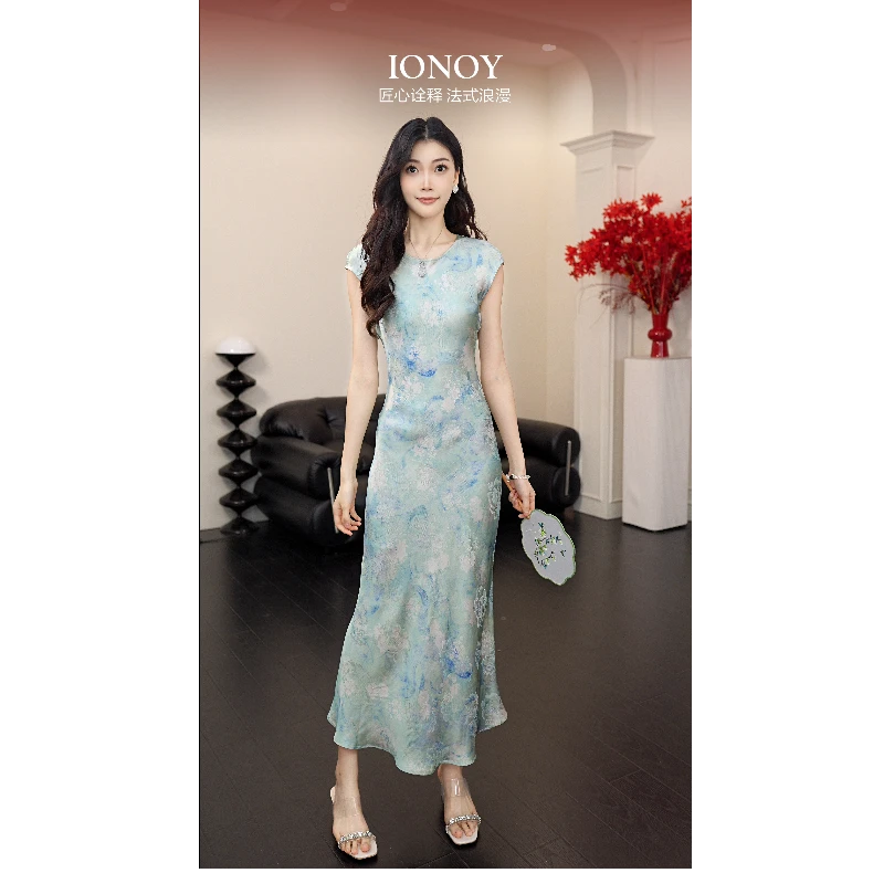 【红云纱】G431夏季新款短袖长款法式优雅印花连衣裙禁机洗