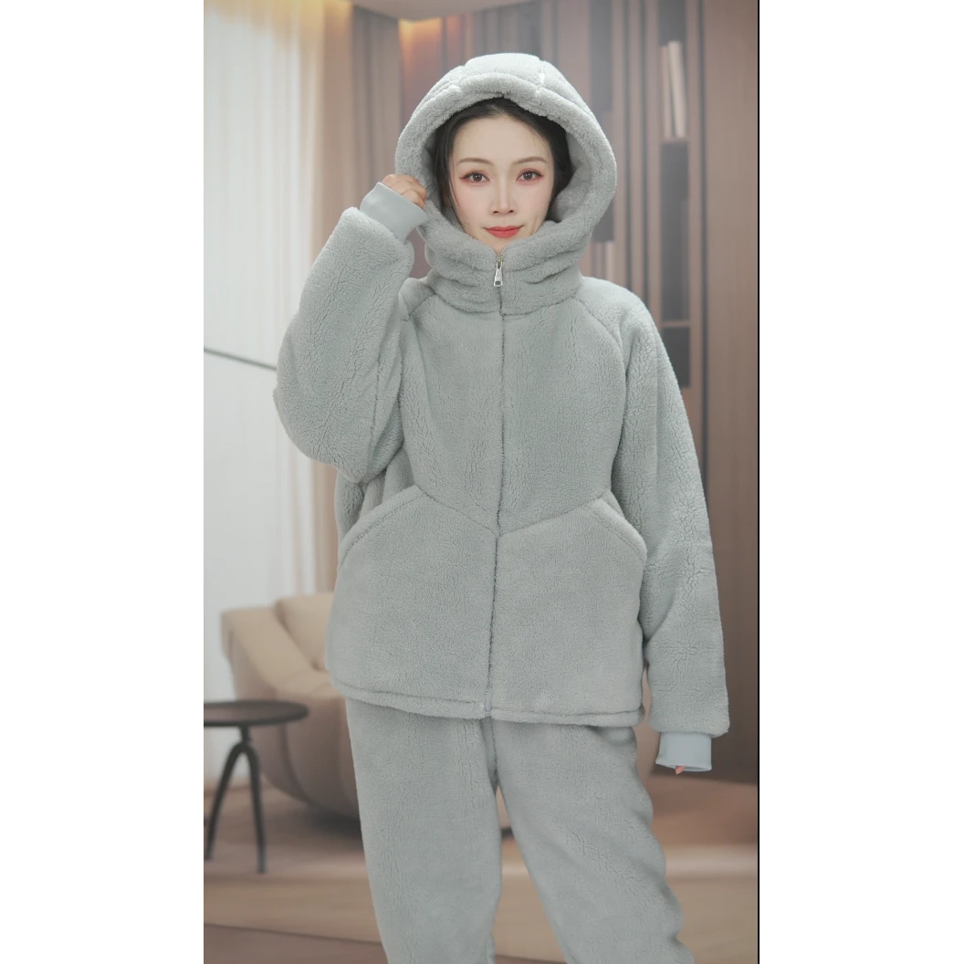 HAREECISU【双层复合绒】 睡衣女加绒加厚连帽家外穿居服 套装