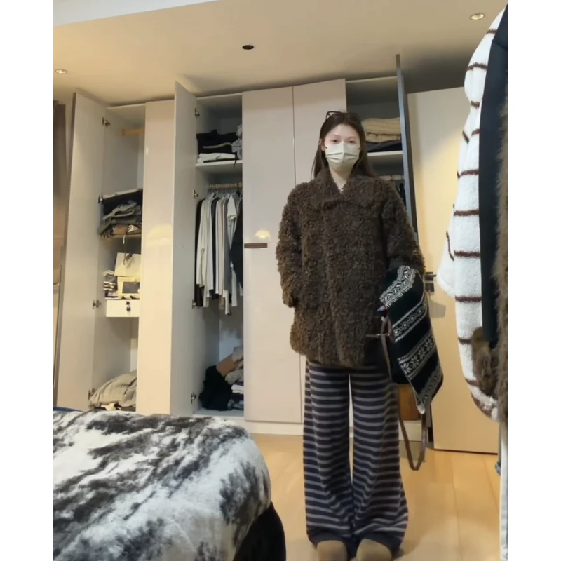 MARIE.COCO秋冬巨好看复古感毛绒羊羔毛外套宽松慵懒条纹休闲裤女