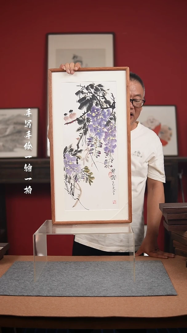 国画手绘-36*69实木框花鸟