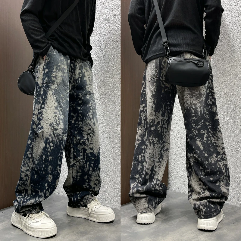 2025秋冬季复古渐变做旧百搭花纹宽松休闲弯刀裤垂感阔腿牛仔裤男