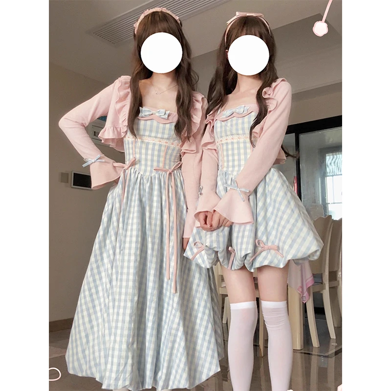 温柔甜美风蝴蝶结格纹蛋糕裙女夏季少女感减龄收腰显瘦套装闺蜜装