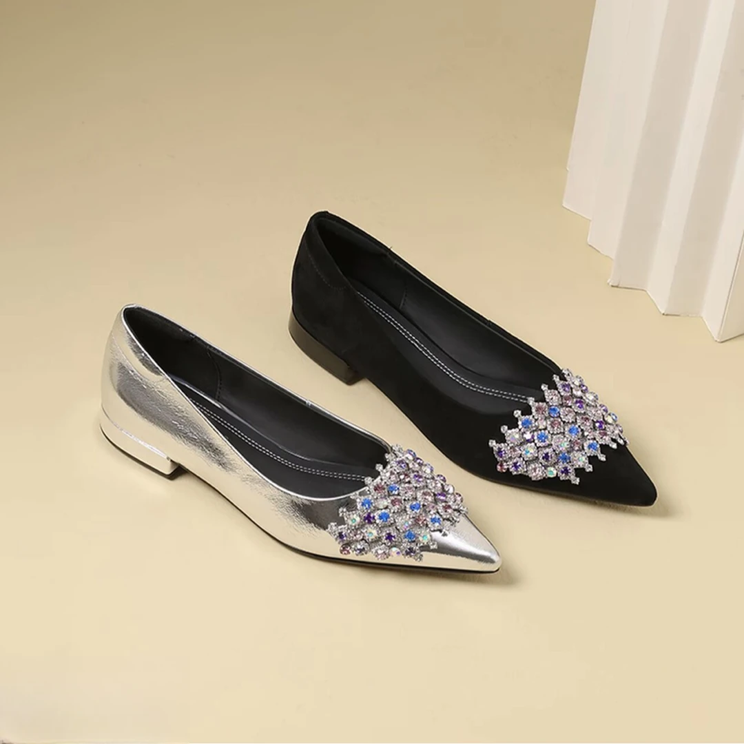 2025新款头层羊皮璀璨水钻法式真皮单鞋精致时尚百搭休闲平底鞋2