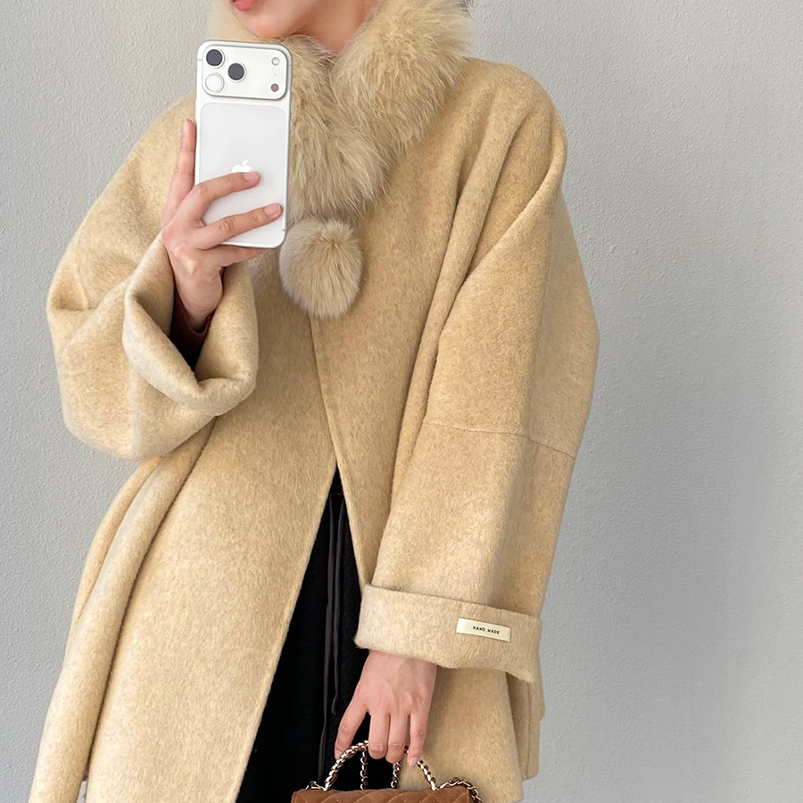 冬日白月光 斗篷毛领羊毛双面呢大衣女冬中长款