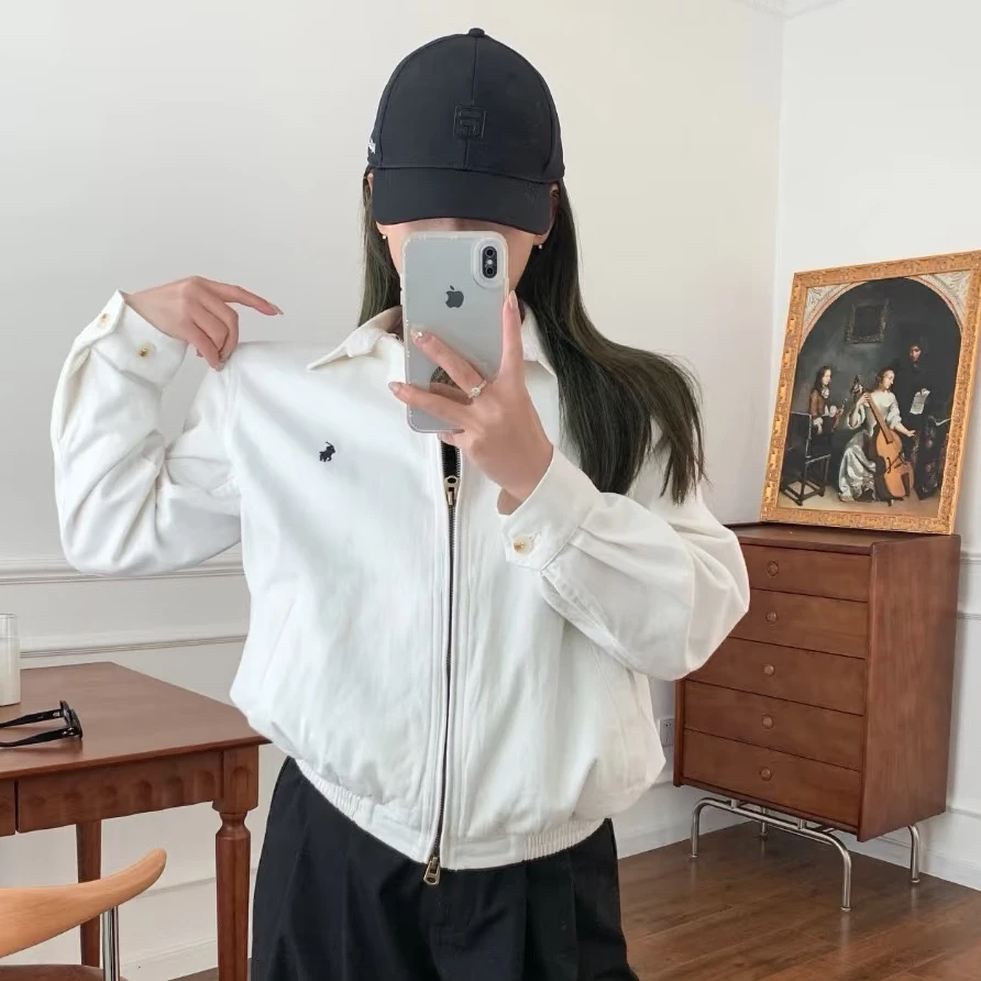 【JIAYI】短款夹克外套翻领白色百搭休闲纯色时尚秋款7402