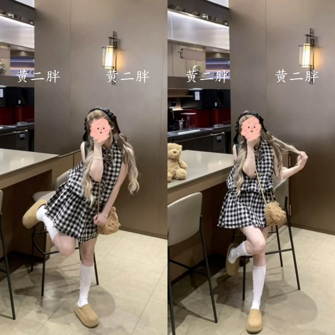 黑白格纹木耳领无袖连衣裙女小个子收腰 a字蓬蓬裙2025夏季新款